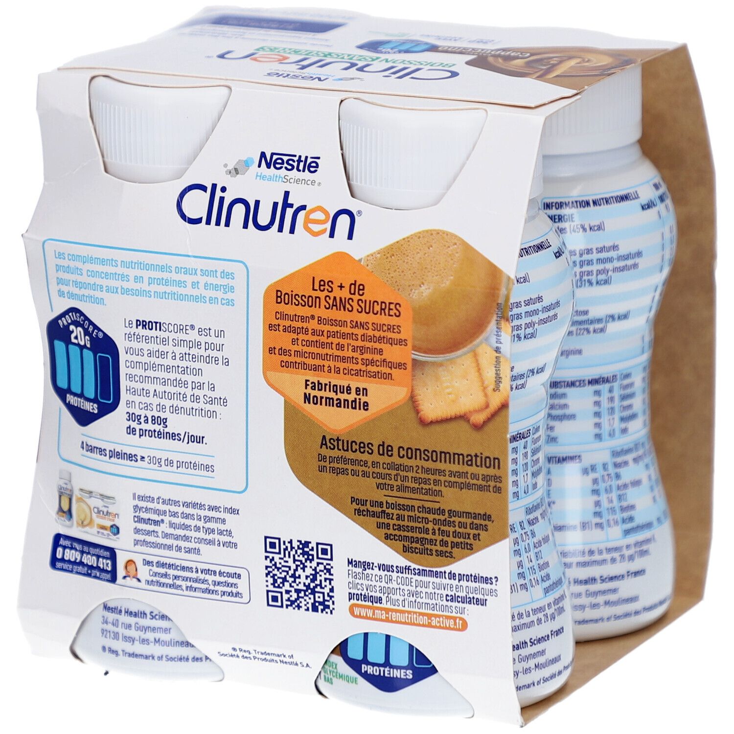 Emballage de quatre bouteilles Clinutren Boisson Sans Sucres. Contient 20g protéines. Conseils d'utilisation. Nestle.