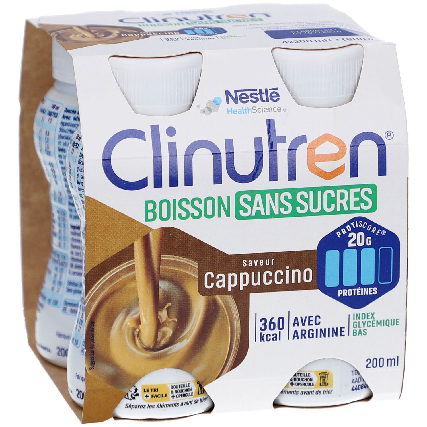 Emballage de quatre bouteilles Clinutren Boisson Sans Sucres Cappuccino. Contient 20g de protéines. Nestle.