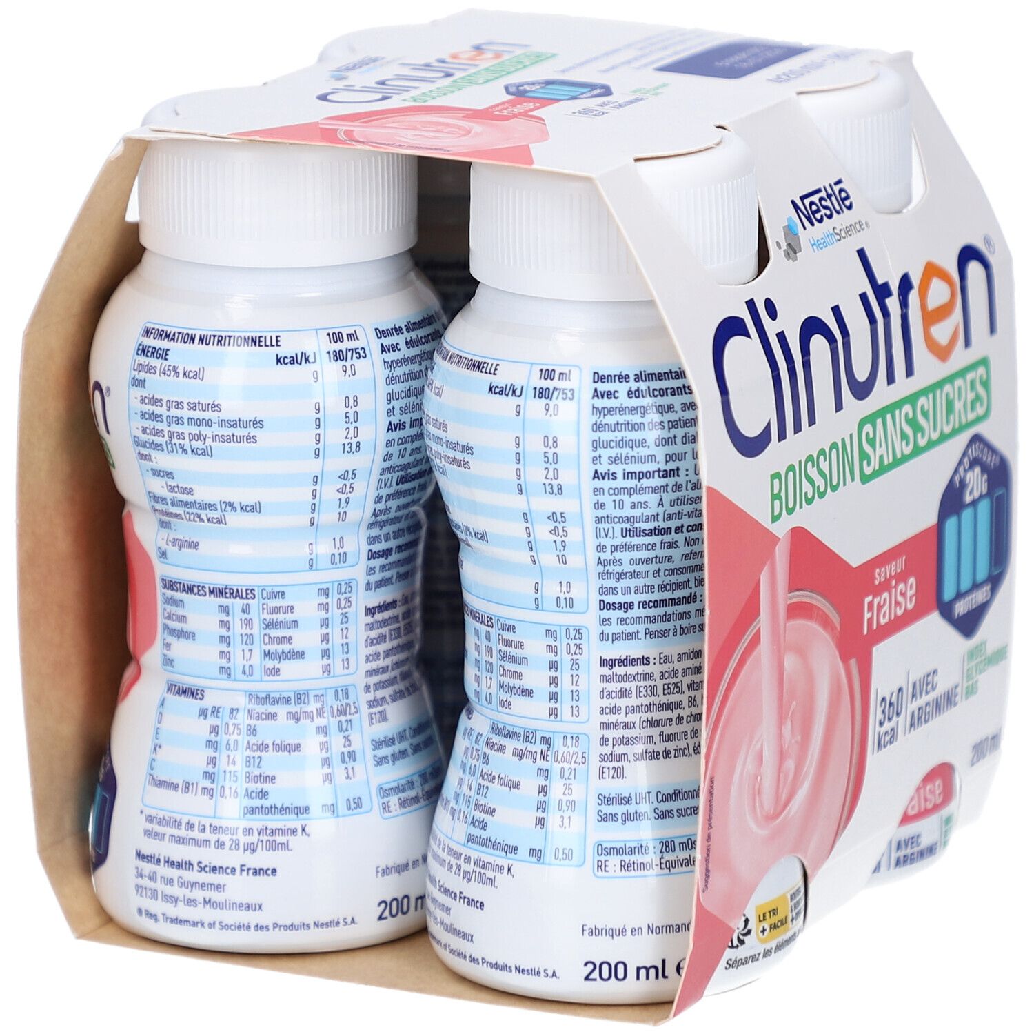 Dos de l'emballage de quatre bouteilles Clinutren. Inscriptions: informations nutritionnelles, minéraux, vitamines, 200 ml.