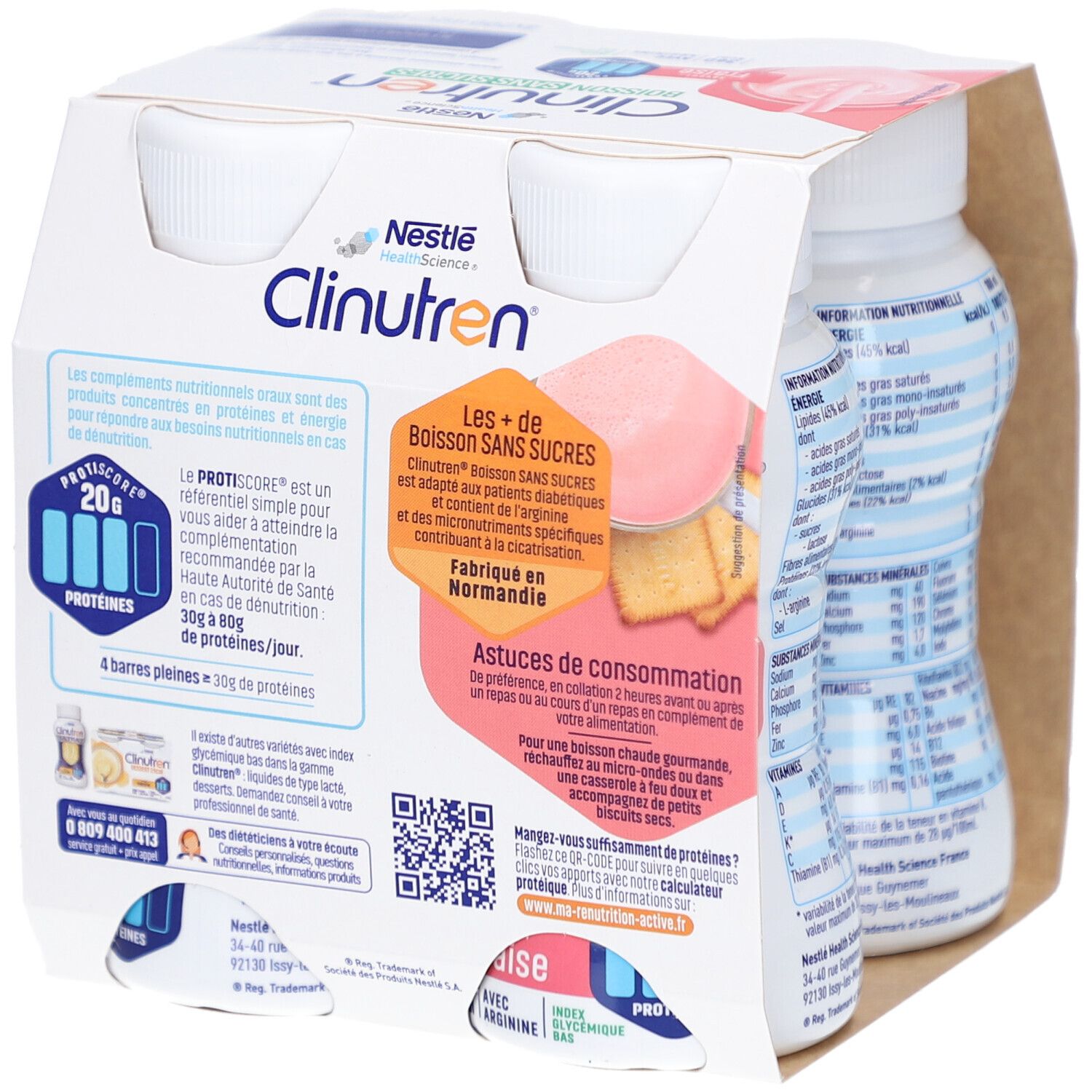 Emballage de quatre bouteilles Clinutren. Inscriptions: Protéines 20g, Les + de Boisson Sans Sucres, code QR, 200 ml.