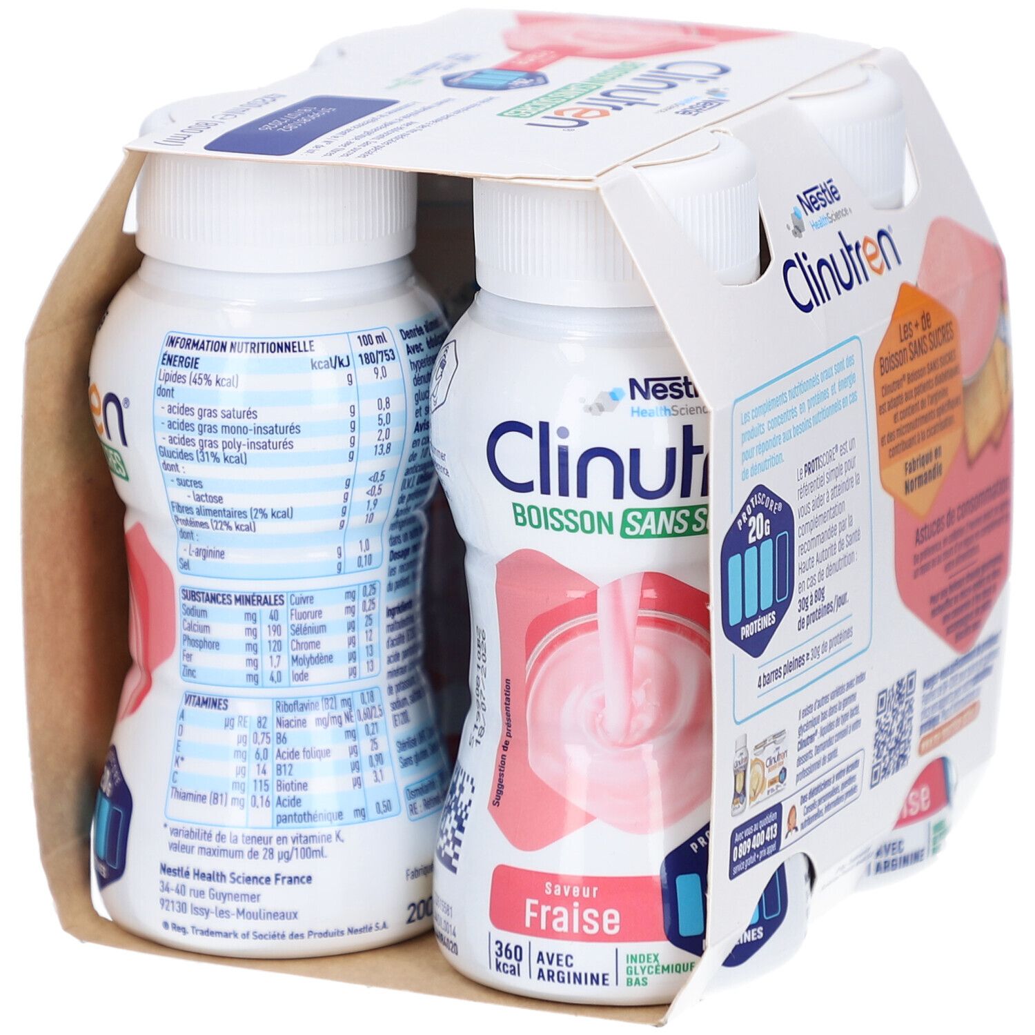 Dos de l'emballage de quatre bouteilles Clinutren. Inscriptions: informations nutritionnelles, minéraux, vitamines, 200 ml.
