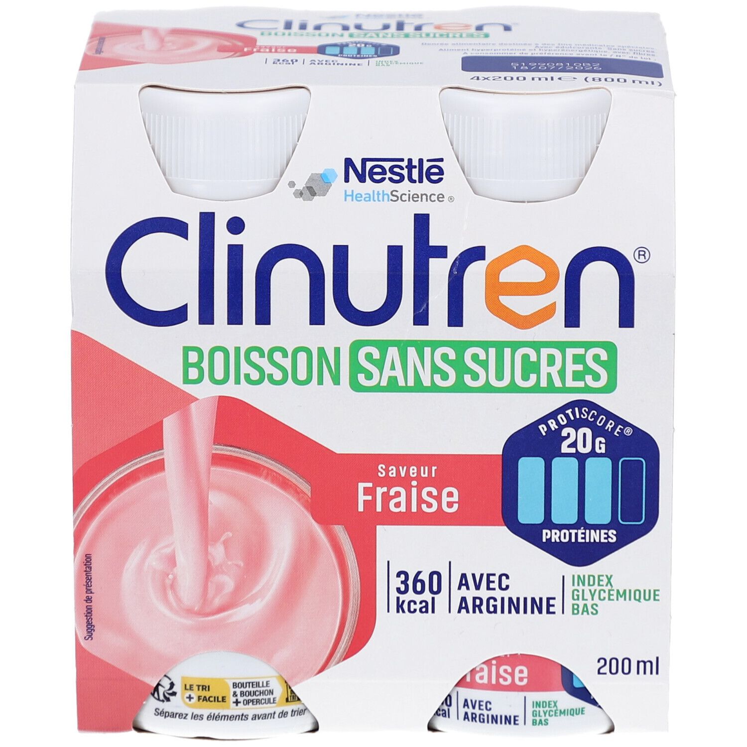 Emballage de quatre bouteilles Clinutren Boisson Sans Sucres Fraise. Inscriptions: Nestle, Protéines 20g, 360 kcal, 200 ml.
