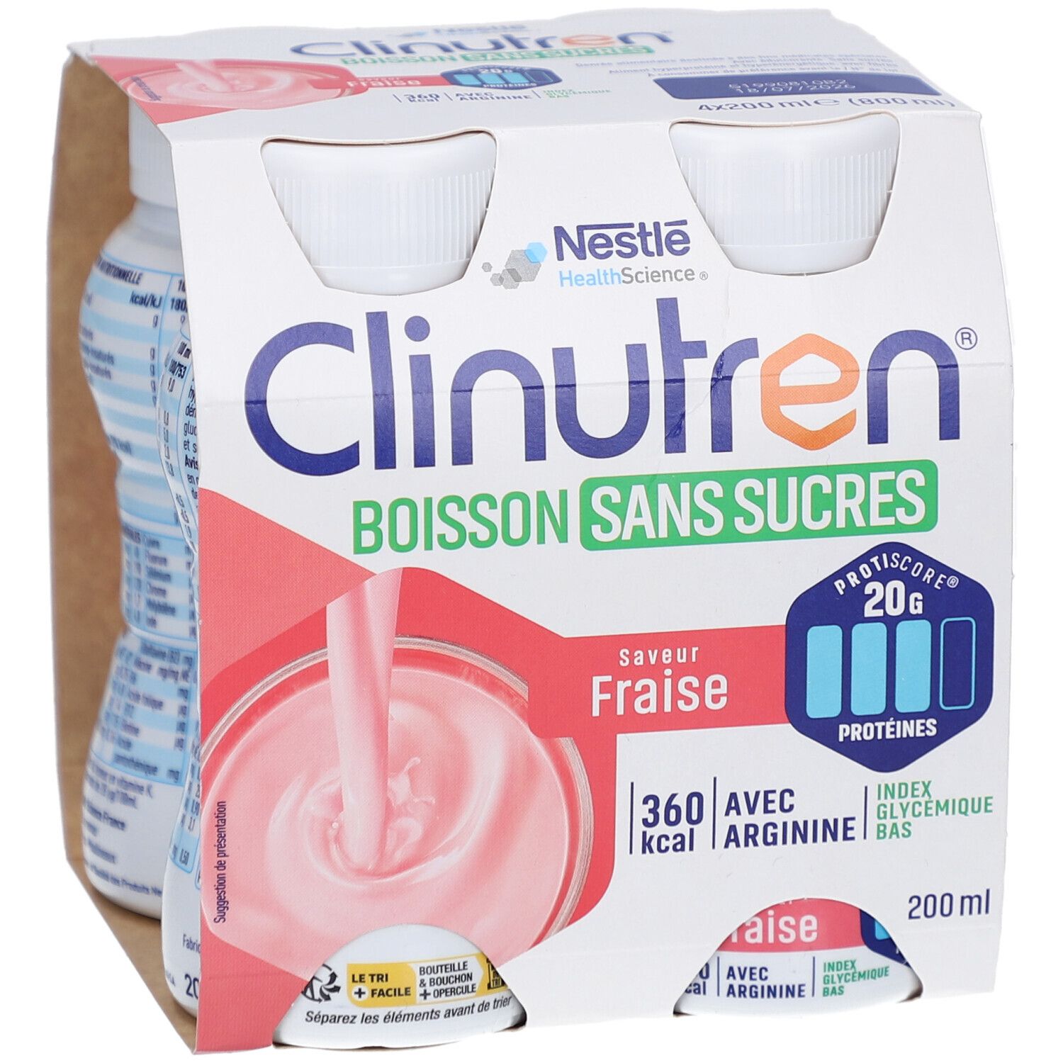 Emballage de quatre bouteilles Clinutren Boisson Sans Sucres Fraise. Inscriptions: Nestle, Protéines 20g, 360 kcal, 200 ml.