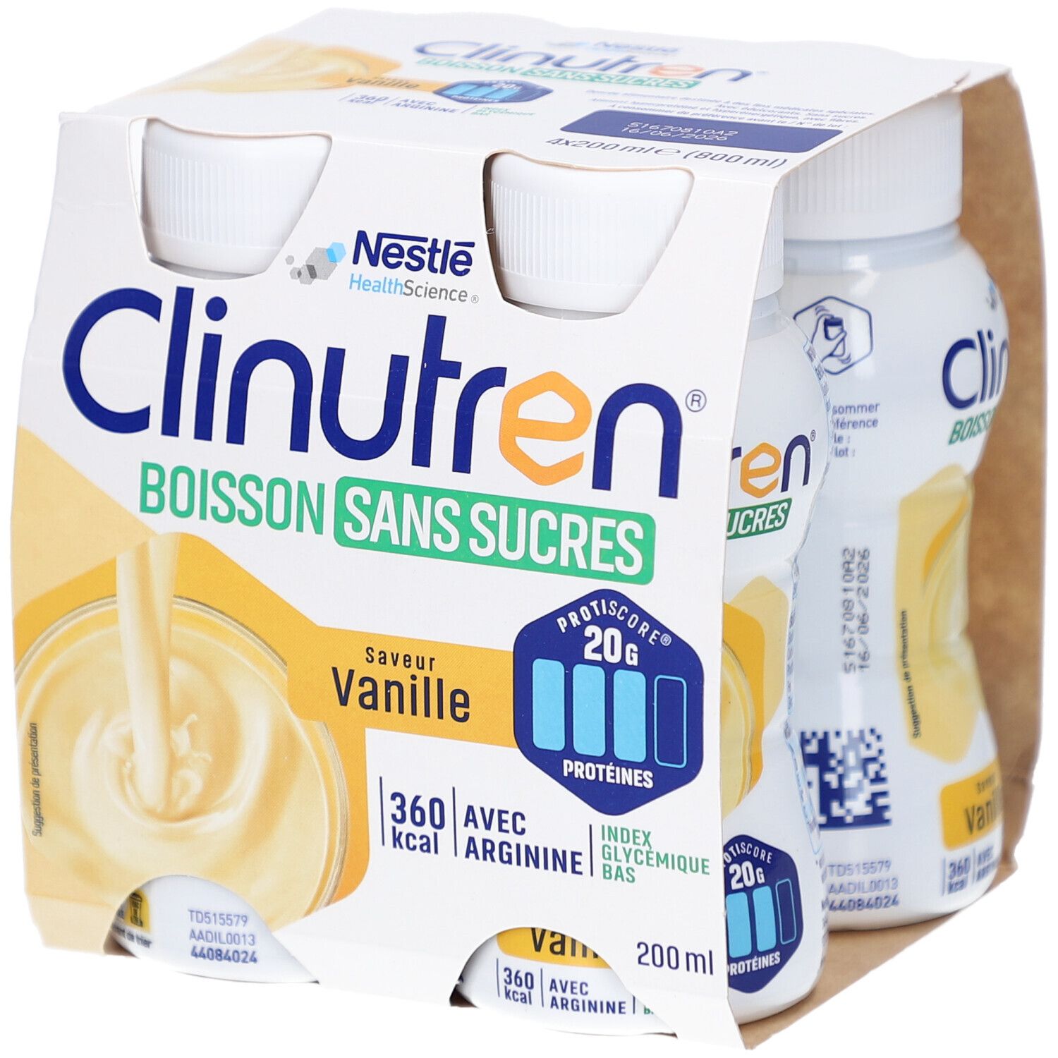 Emballage de quatre bouteilles Clinutren Boisson Sans Sucres Vanille. Contient 20g de protéines. Nestle HealthScience.