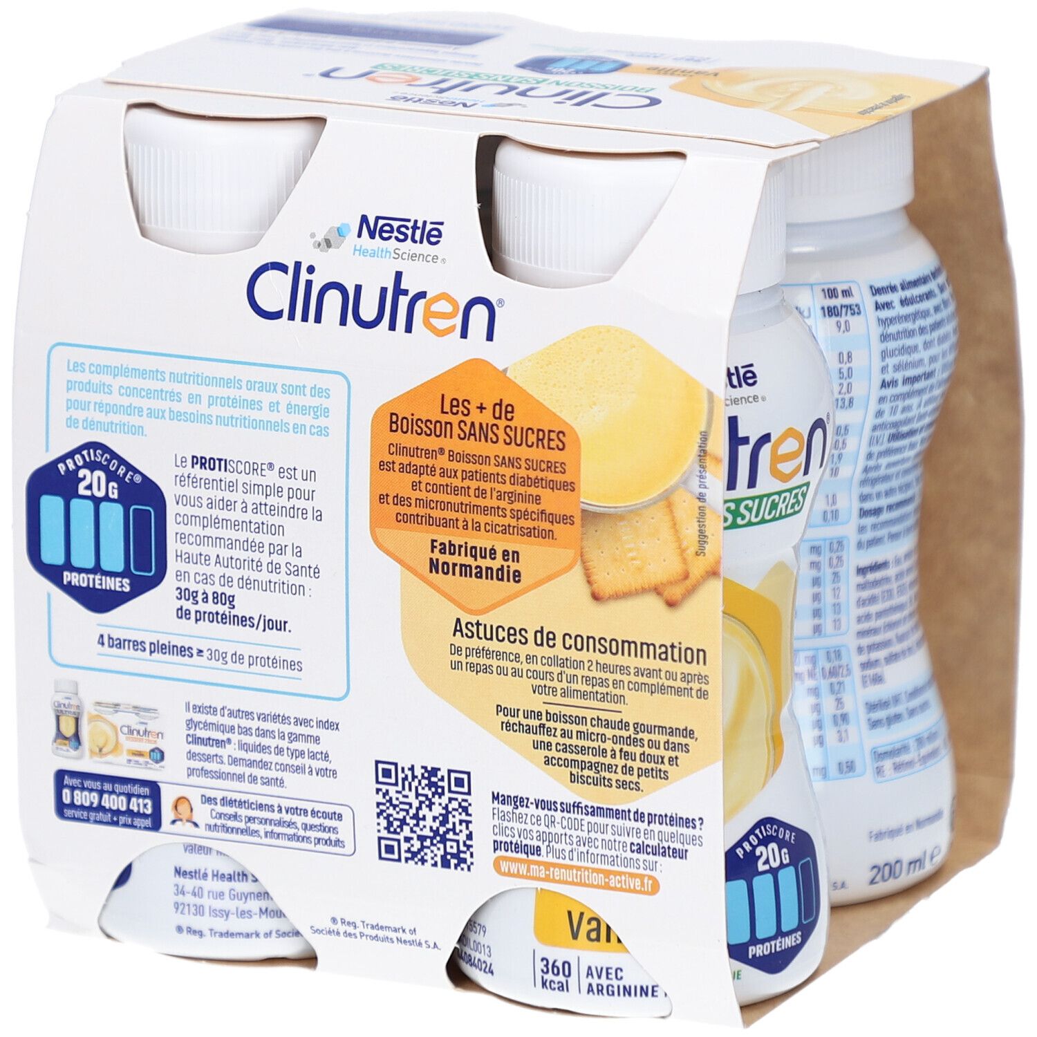 Emballage de quatre bouteilles Clinutren Boisson Sans Sucres Vanille. Contient 20g de protéines. Nestle HealthScience.