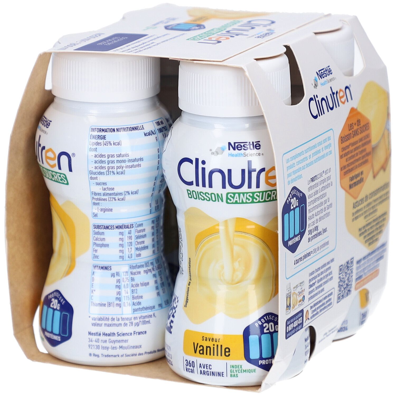 Emballage de quatre bouteilles Clinutren Boisson Sans Sucres Vanille. Contient 20g de protéines. Nestle HealthScience.