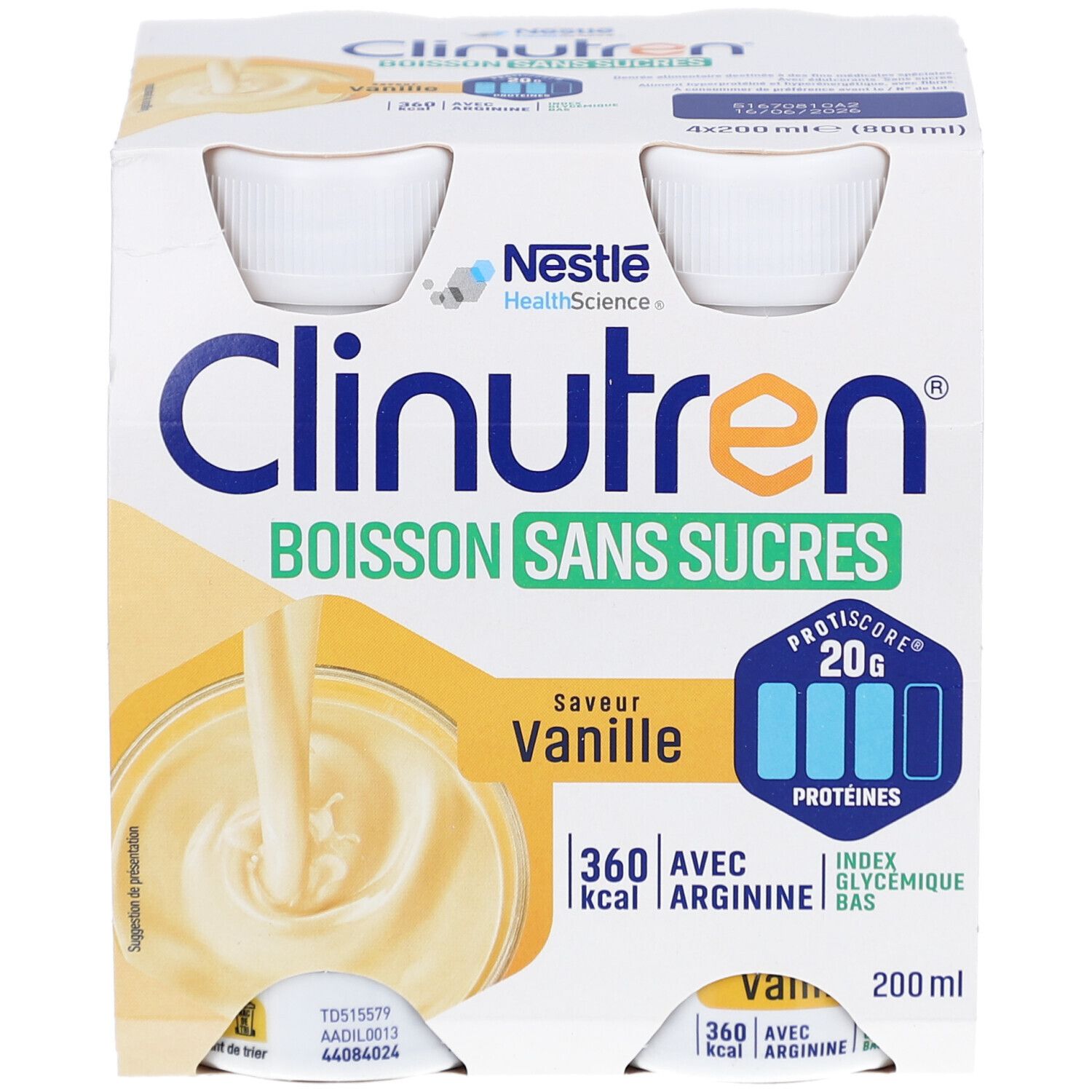 Emballage de quatre bouteilles Clinutren Boisson Sans Sucres Vanille. Contient 20g de protéines. Nestle HealthScience.