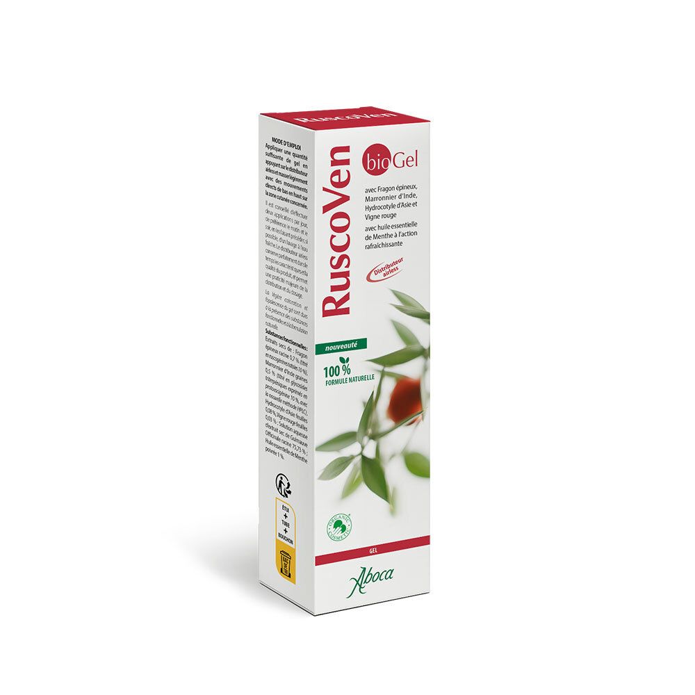 Boîte Aboca Ruscoven bioGel. Carton blanc avec texte rouge et vert. Contient des informations sur le produit et le logo.