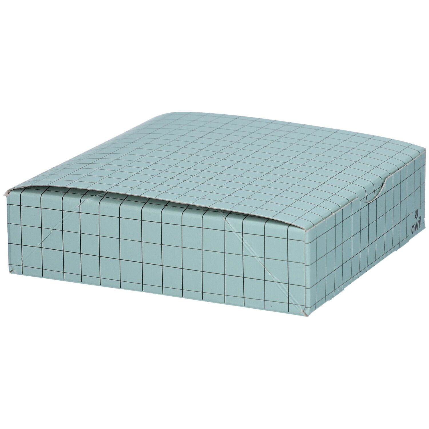 Coffret cadeau bleu clair à carreaux avec couvercle. Logo avril.