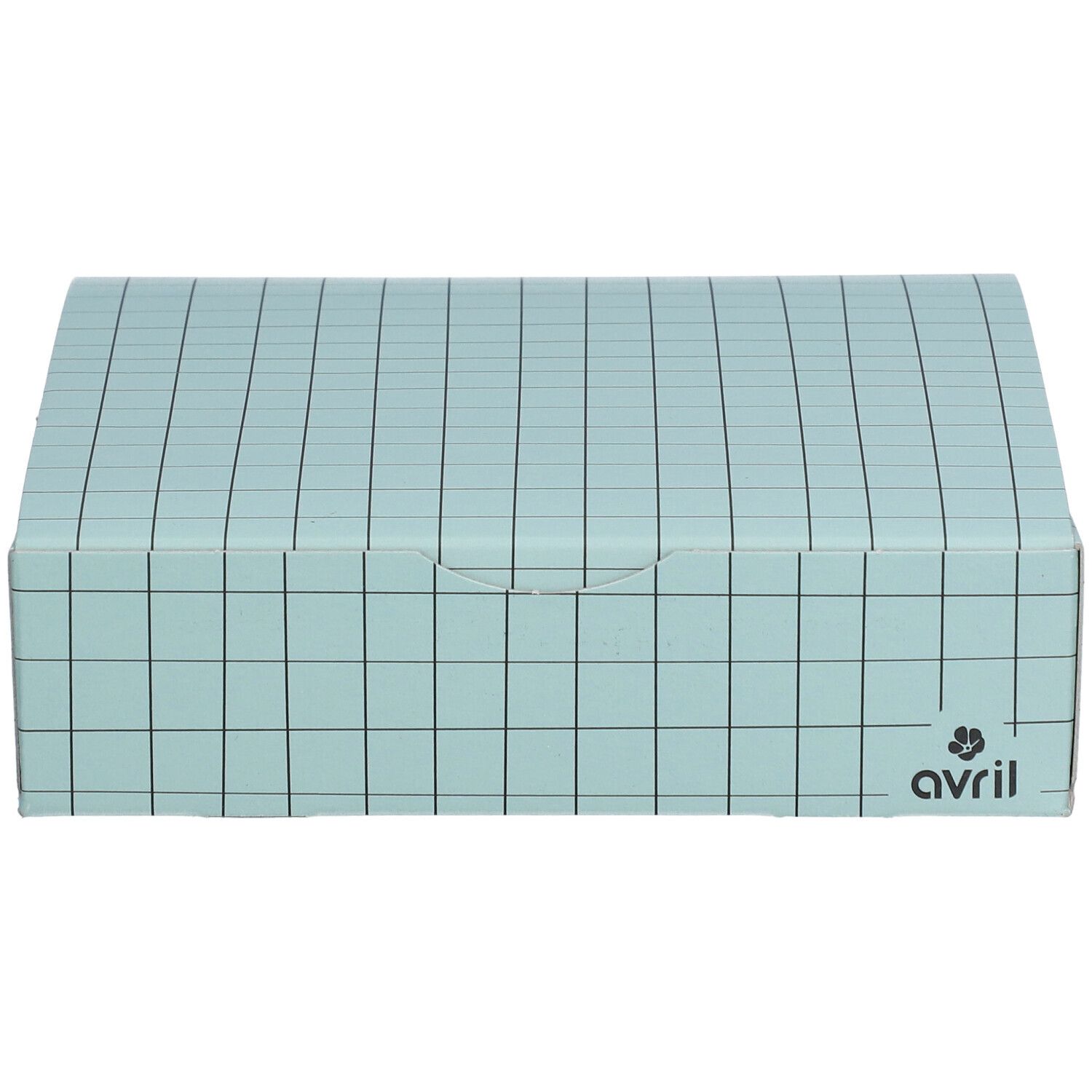 Coffret cadeau bleu clair à carreaux avec couvercle. Logo avril.