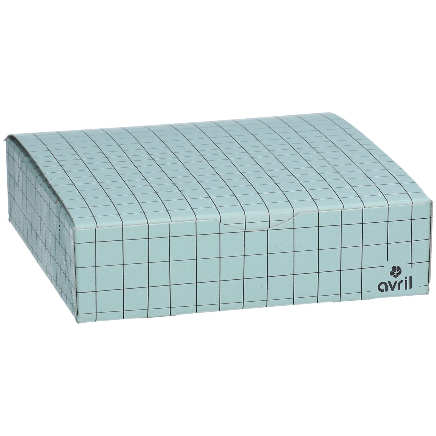 Coffret cadeau bleu clair à carreaux avec couvercle. Logo avril.