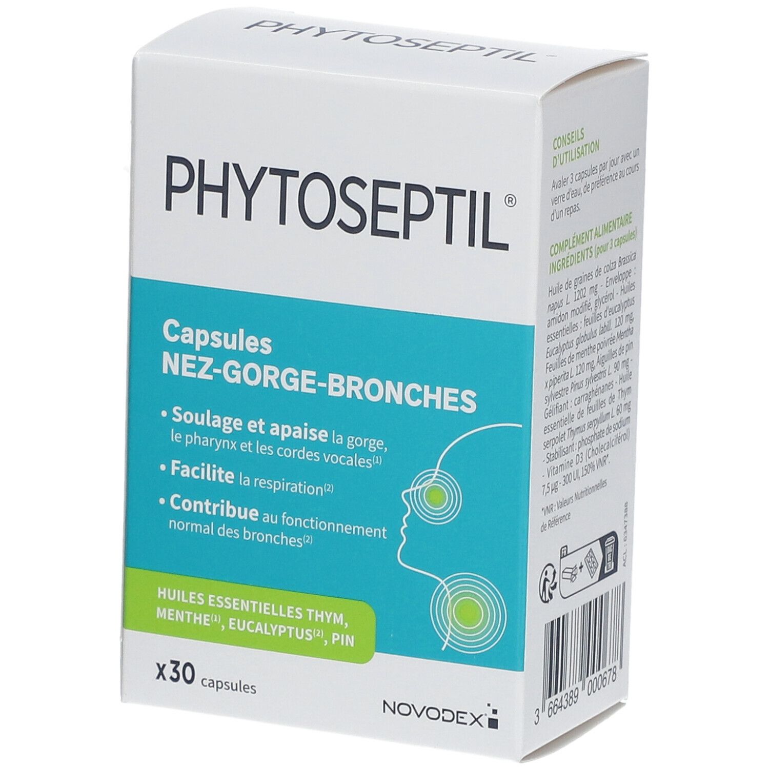 Boîte de capsules PHYTOSEPTIL NEZ-GORGE-BRONCHES. Contient 30 capsules. Ingrédients et logo NOVODEX visibles.