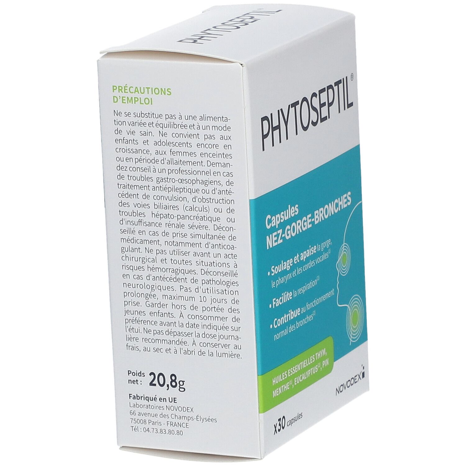 Dos de la boîte PHYTOSEPTIL NEZ-GORGE-BRONCHES. Précautions d'emploi, ingrédients. Poids net: 20,8g. Logo NOVODEX.