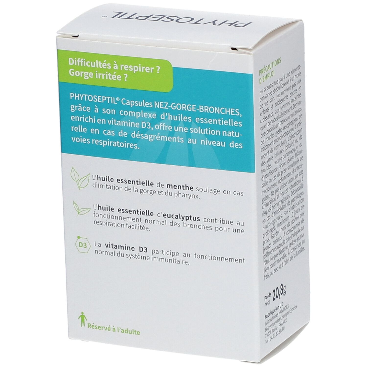 Dos de la boîte PHYTOSEPTIL NEZ-GORGE-BRONCHES. Ingrédients, vitamine D3. Poids net: 20,8g. Réservé à l'adulte.