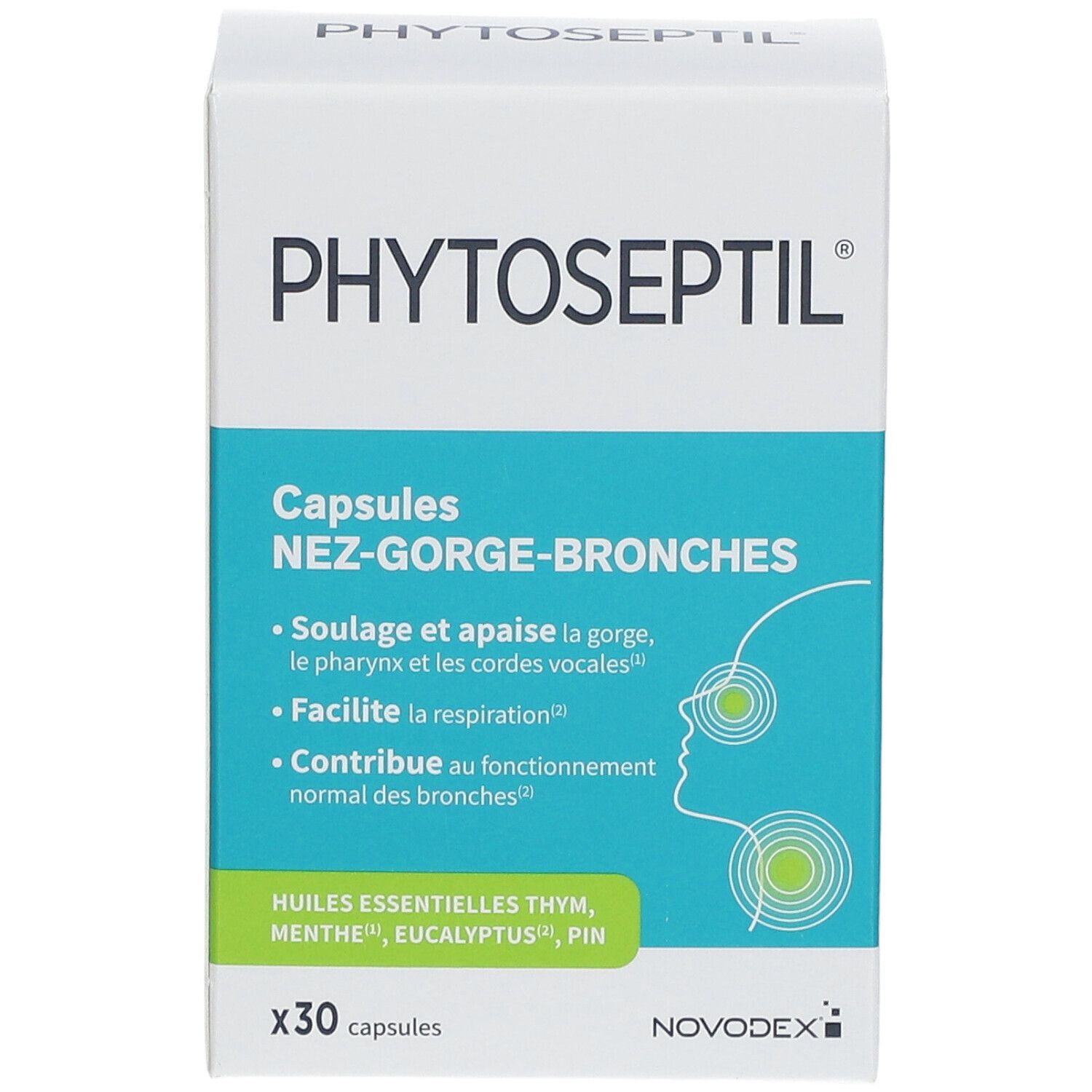 Boîte de capsules PHYTOSEPTIL NEZ-GORGE-BRONCHES. Contient 30 capsules. Ingrédients et logo NOVODEX visibles.