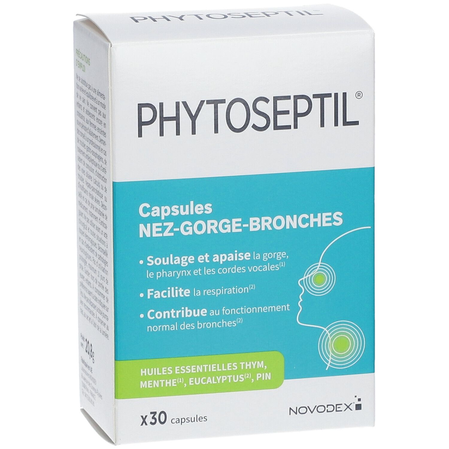 Boîte de capsules PHYTOSEPTIL NEZ-GORGE-BRONCHES. Contient 30 capsules. Ingrédients et logo NOVODEX visibles.