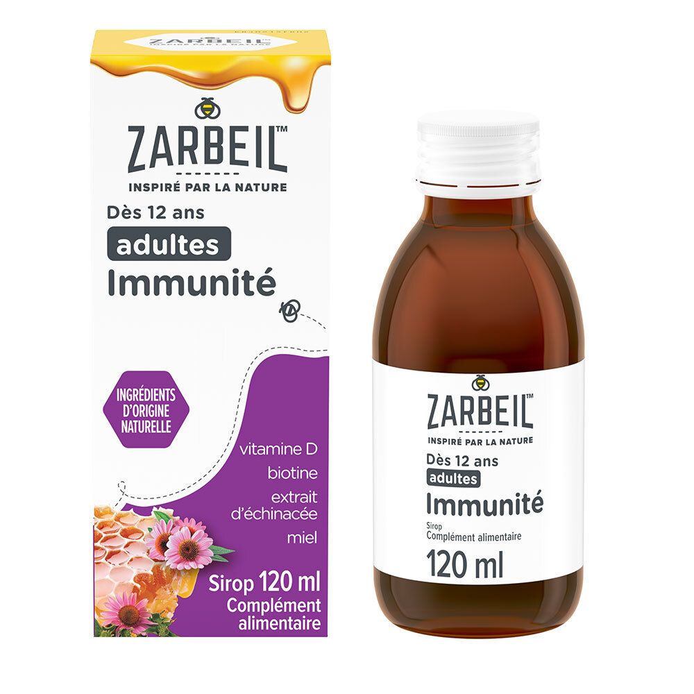ZARBEIL Sirop adultes Immunité. Flacon et boîte. Contient vitamine D, biotine, extrait d'échinacée et miel.