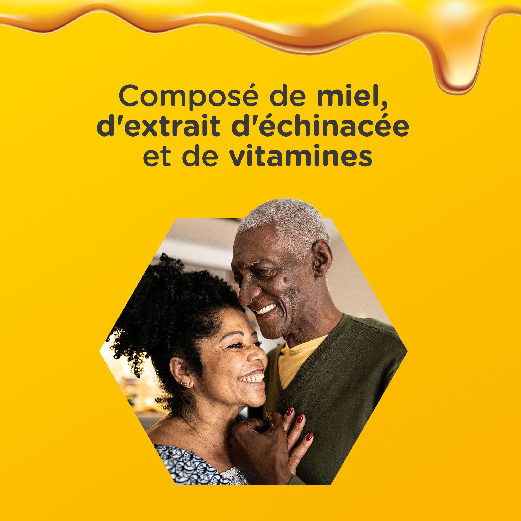 Couple dans un hexagone. Texte: Miel, extrait d'échinacée et vitamines. Fond jaune.