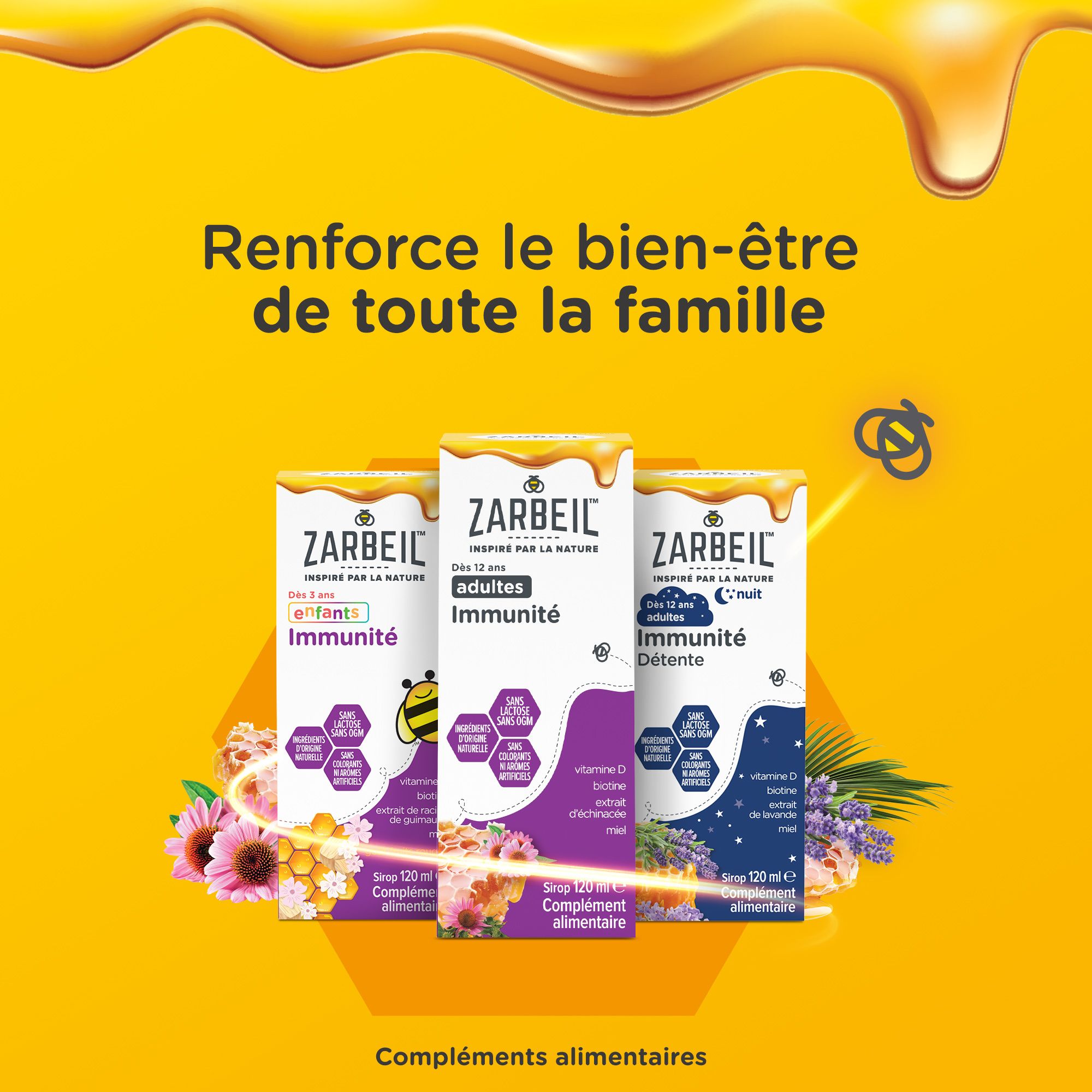 Trois boîtes ZARBEIL. Texte: Renforce le bien-être de toute la famille. Fond jaune.