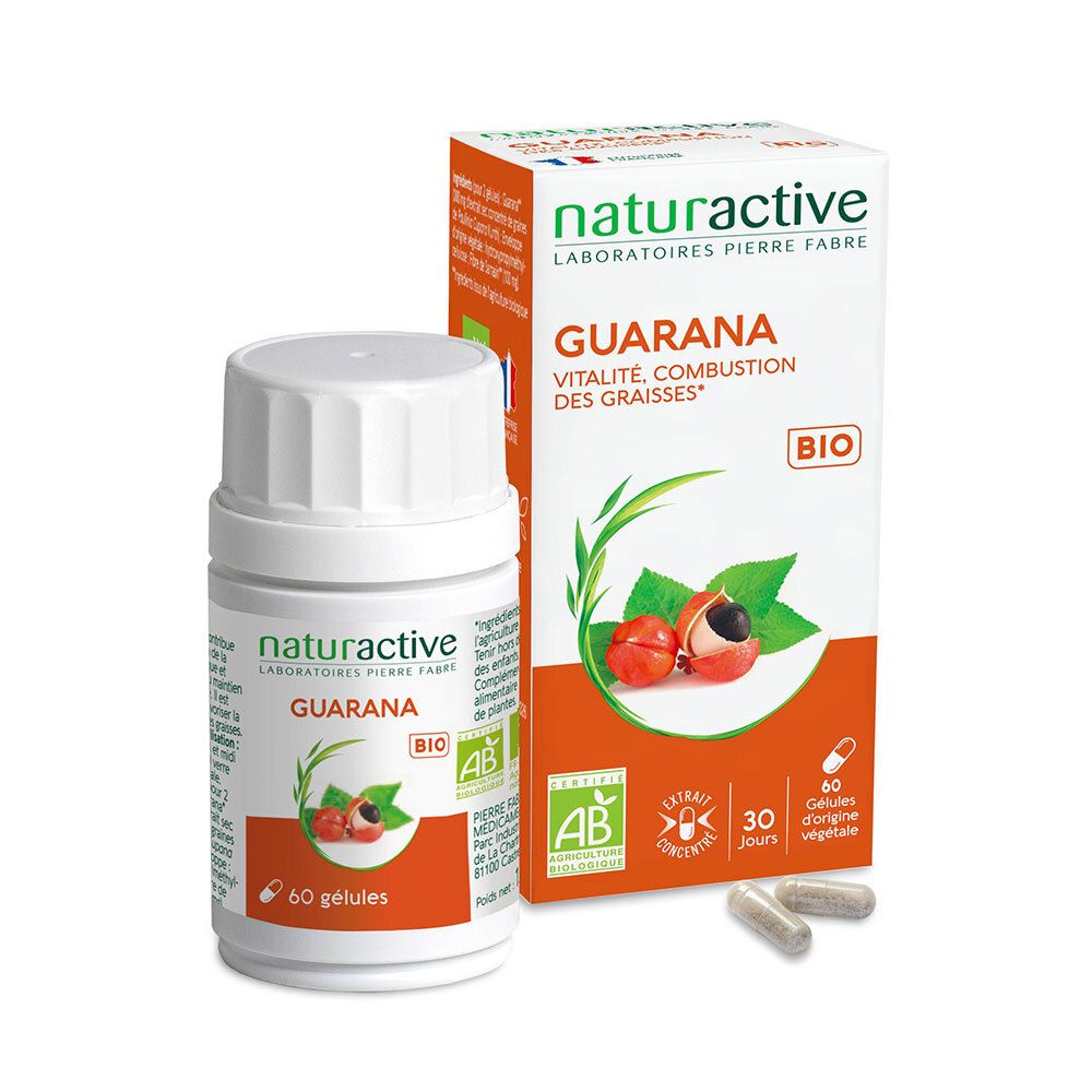 Flacon et boîte blancs de gélules de Guarana. Inscription: NATURACTIVE, BIO. 60 gélules. Certification AB.