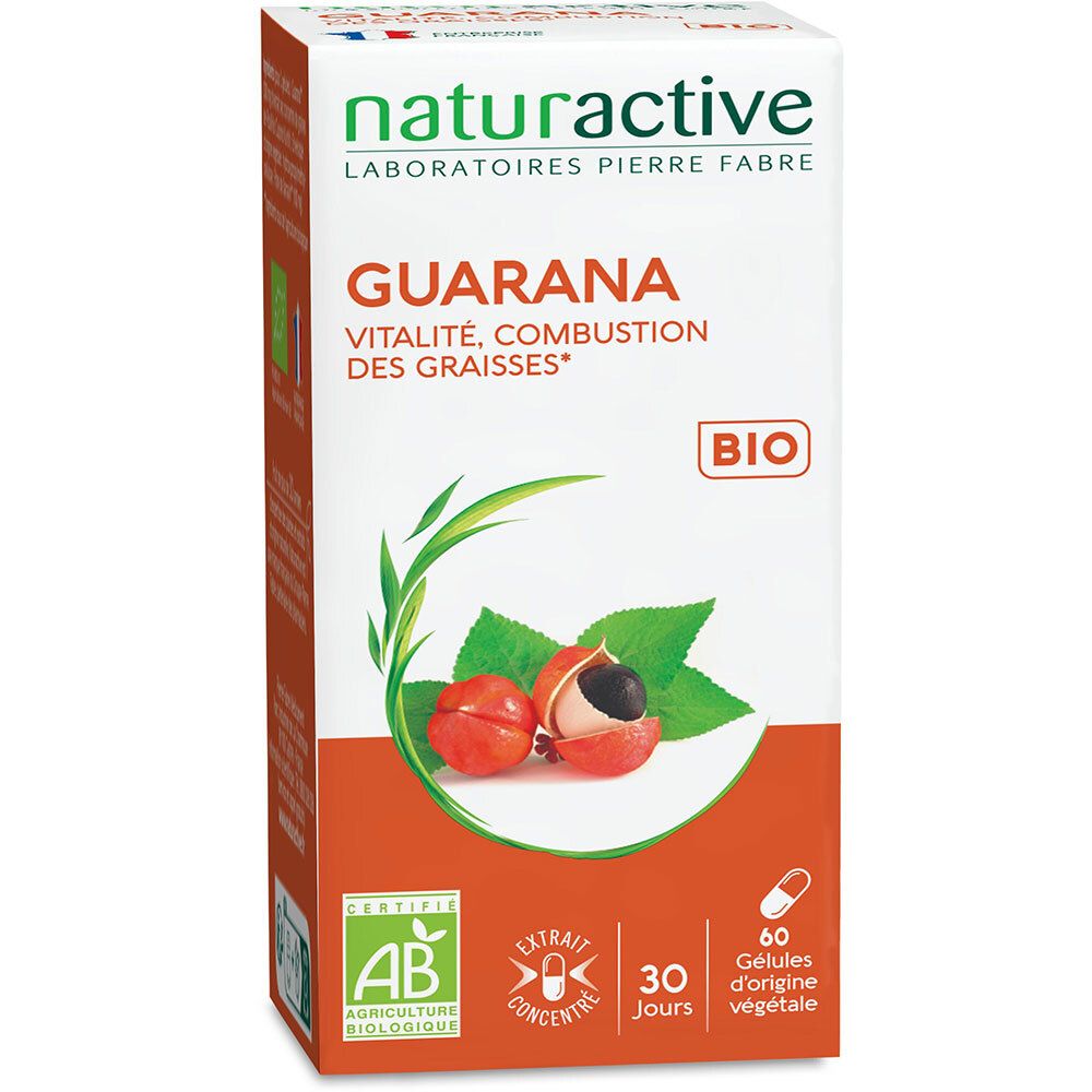Boîte blanche de gélules de Guarana. Inscription: NATURACTIVE, BIO. 60 gélules. Certification AB. Illustration de fruits de guarana.