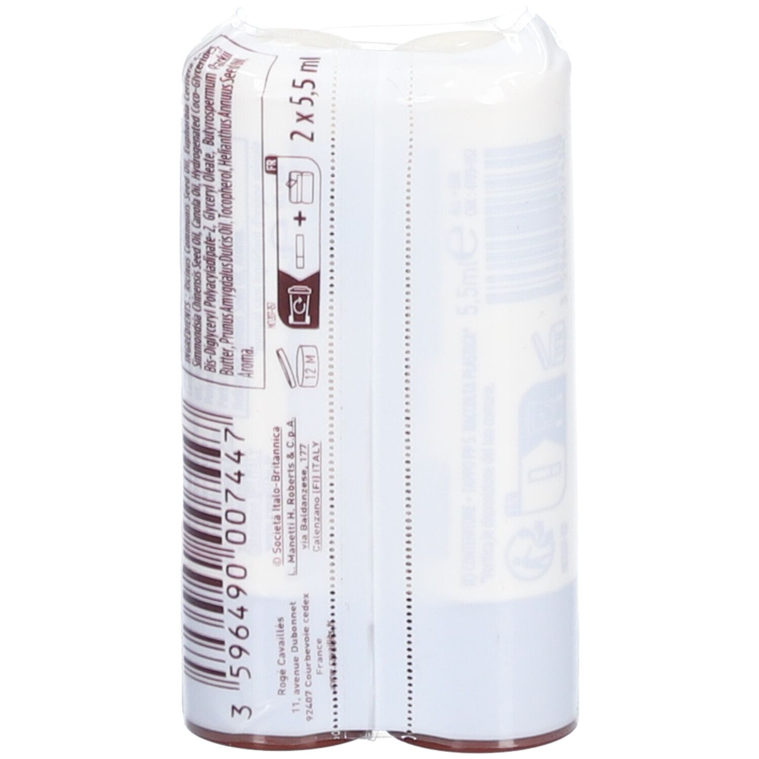 Dos de l'emballage du baume à lèvres. Informations sur les ingrédients et le fabricant.