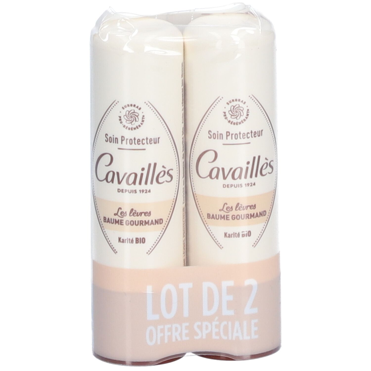 Deux baumes à lèvres dans un emballage. Visible: Marque Cavaillès, inscription 'LOT DE 2'.