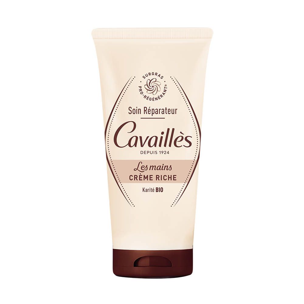 Tube de crème blanc cassé et marron. Inscription: Cavaillès, Les mains Crème riche, Karité BIO. Logo.