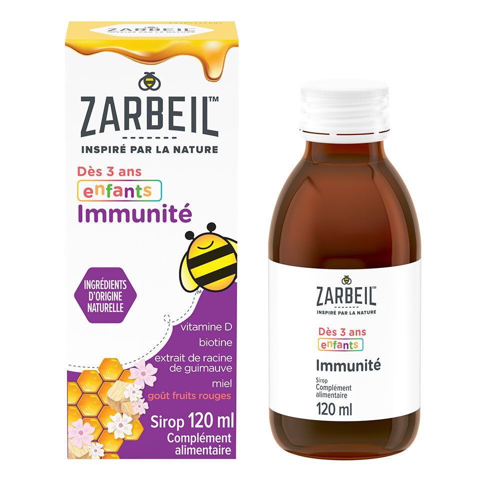 ZARBEIL Sirop enfant immunité. Flacon et boîte. Dès 3 ans. 120 ml. Ingrédients: miel, vitamine D, biotine.