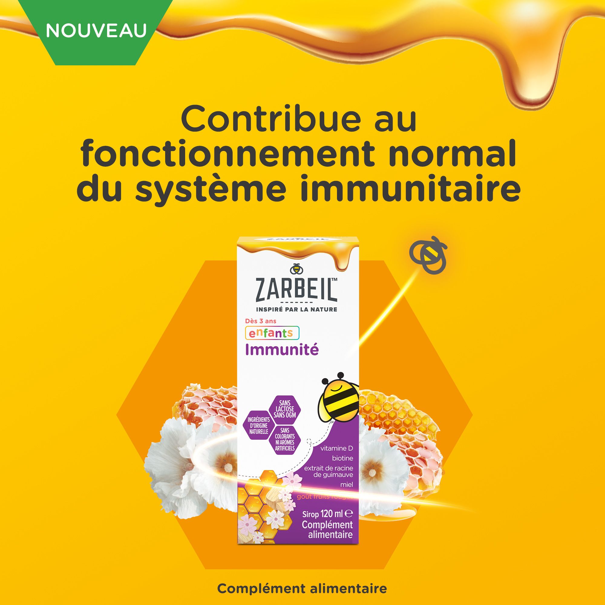 ZARBEIL Sirop enfant immunité. Boîte avec texte: Contribue au fonctionnement normal du système immunitaire.