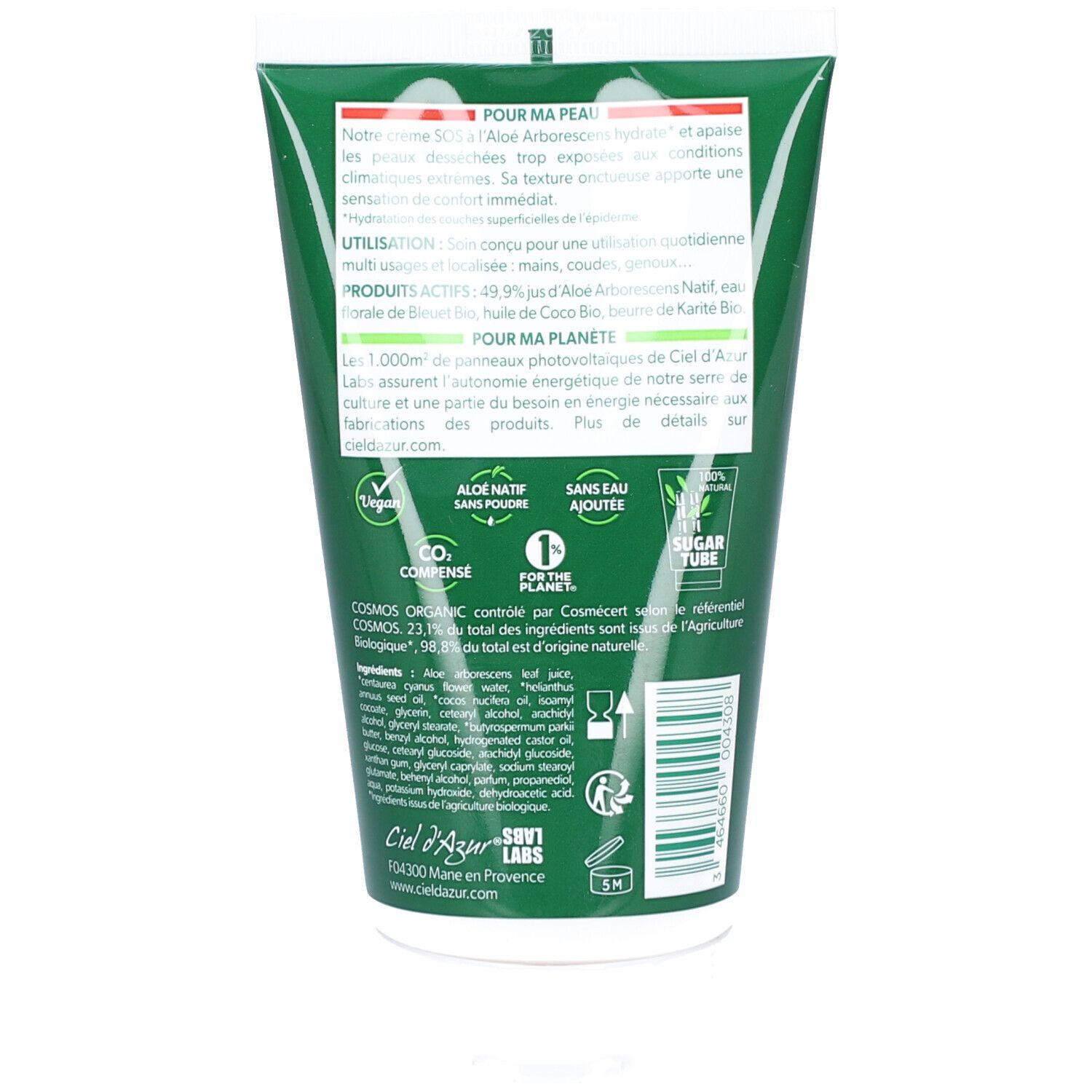 Dos du tube vert. Informations textuelles, ingrédients et logos. Certification bio, logo vegan.