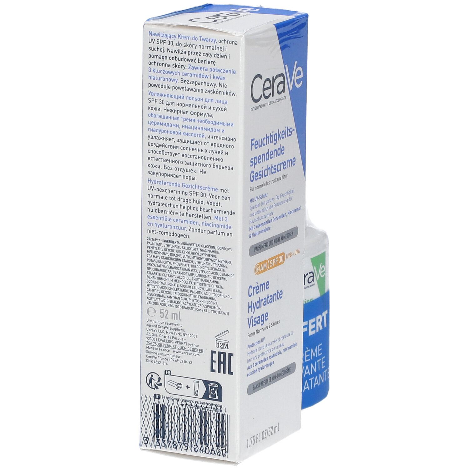 CeraVe Crème Hydratante Visage SPF 30 52ml + Crème Lavante 20ml offerte pour les peaux normales à sèches
