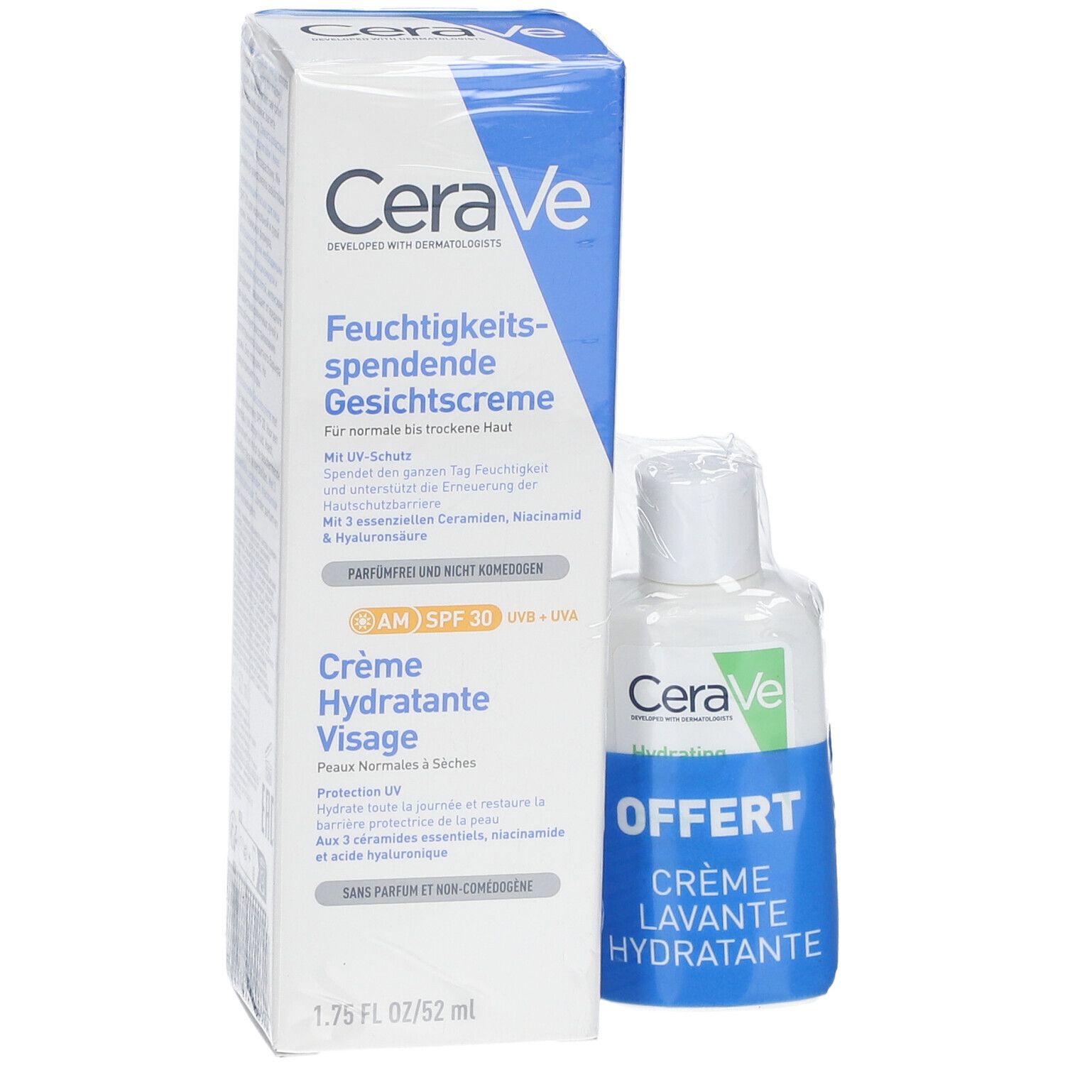 CeraVe Crème Hydratante Visage SPF 30 52ml + Crème Lavante 20ml offerte pour les peaux normales à sèches