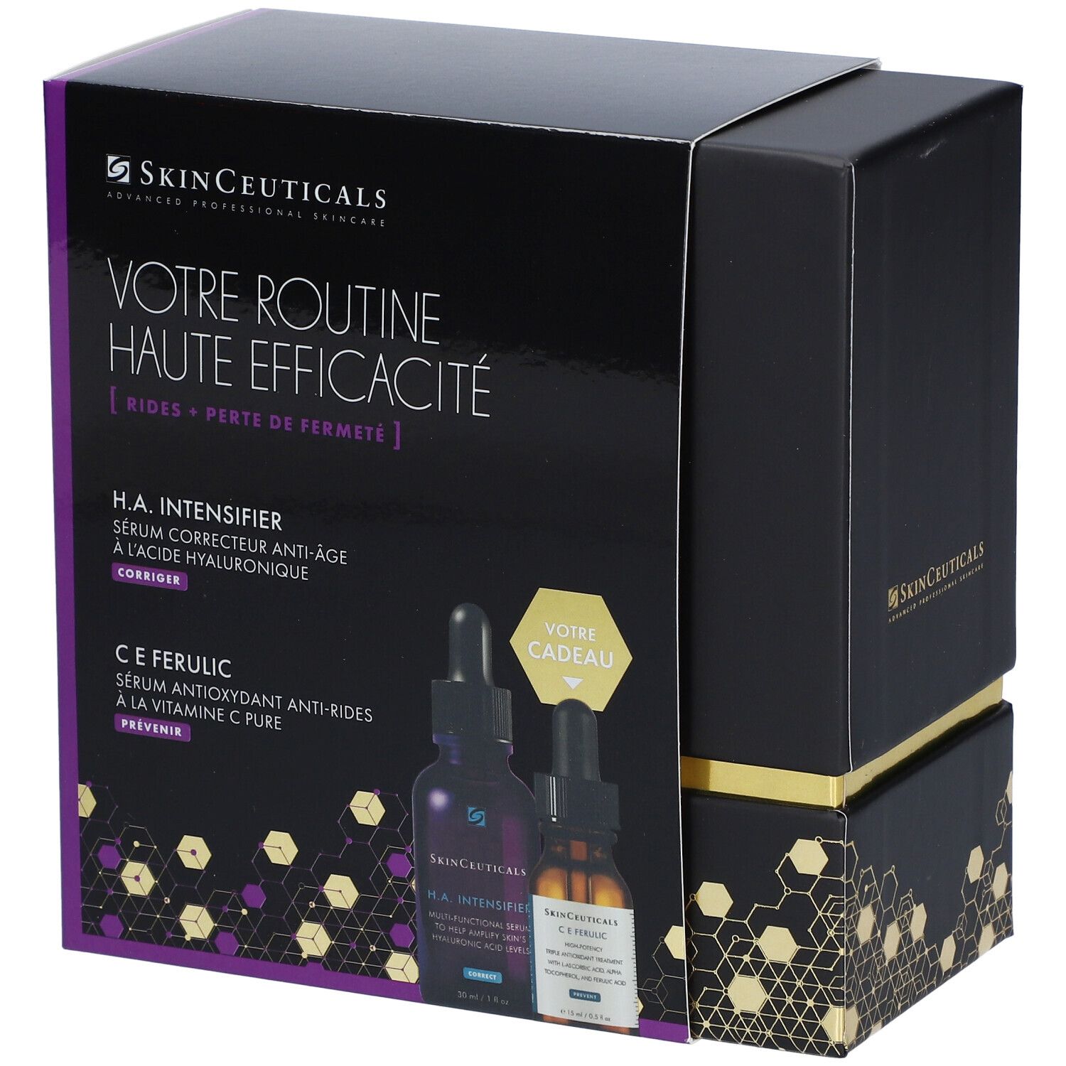 Coffret noir avec texte: Votre Routine Haute Efficacité. Contient deux flacons de sérum. Marque: SkinCeuticals.