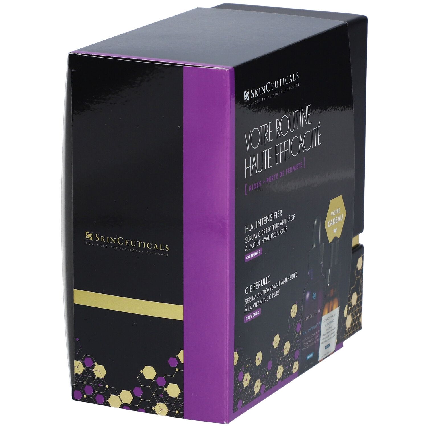 Coffret noir avec accents violets. Texte: Votre Routine Haute Efficacité. Marque: SkinCeuticals.