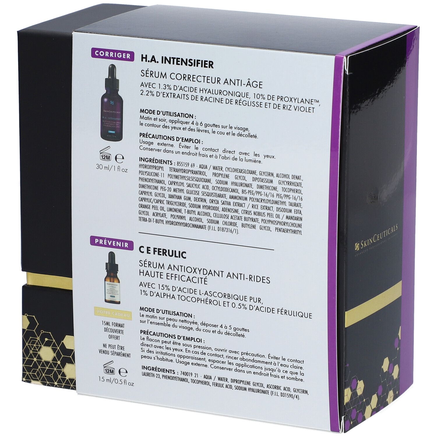Dos du coffret. Texte: H.A. Intensifier, C E Ferulic. Ingrédients et instructions. Marque: SkinCeuticals.