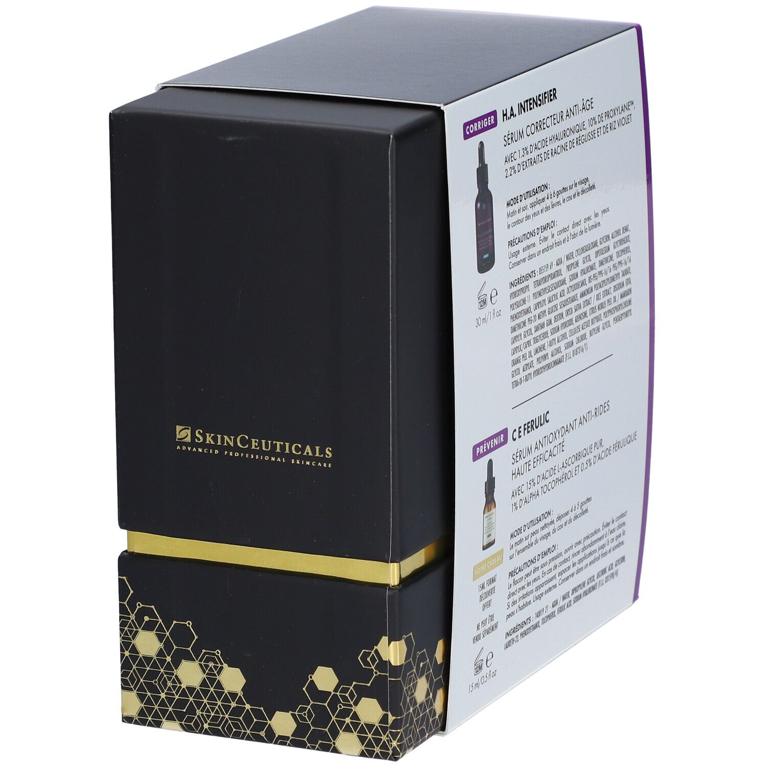 Coffret noir avec accents violets. Texte: H.A. Intensifier, C E Ferulic. Marque: SkinCeuticals.