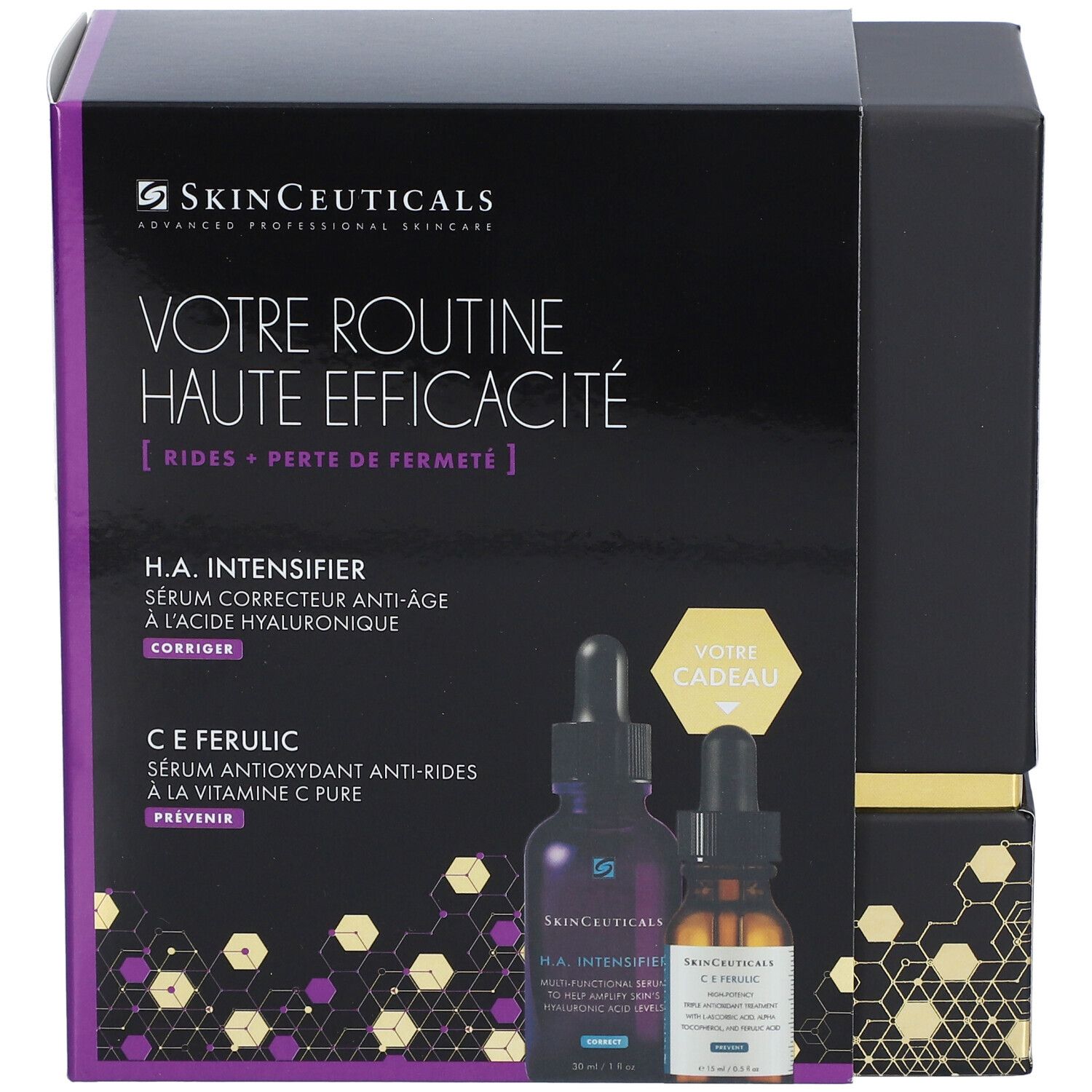 Coffret avec deux flacons de sérum. Texte: Votre Routine Haute Efficacité. Marque: SkinCeuticals.