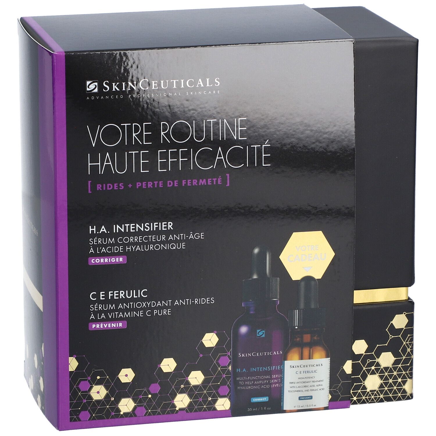 Coffret avec deux flacons de sérum. Texte: Votre Routine Haute Efficacité. Marque: SkinCeuticals.
