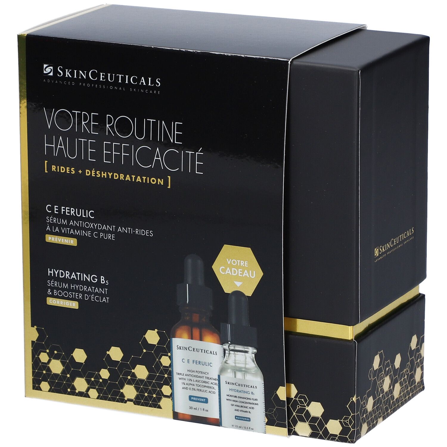Coffret noir SkinCeuticals. Contient deux flacons et texte: Votre Routine Haute Efficacité [Rides + Déshydratation].