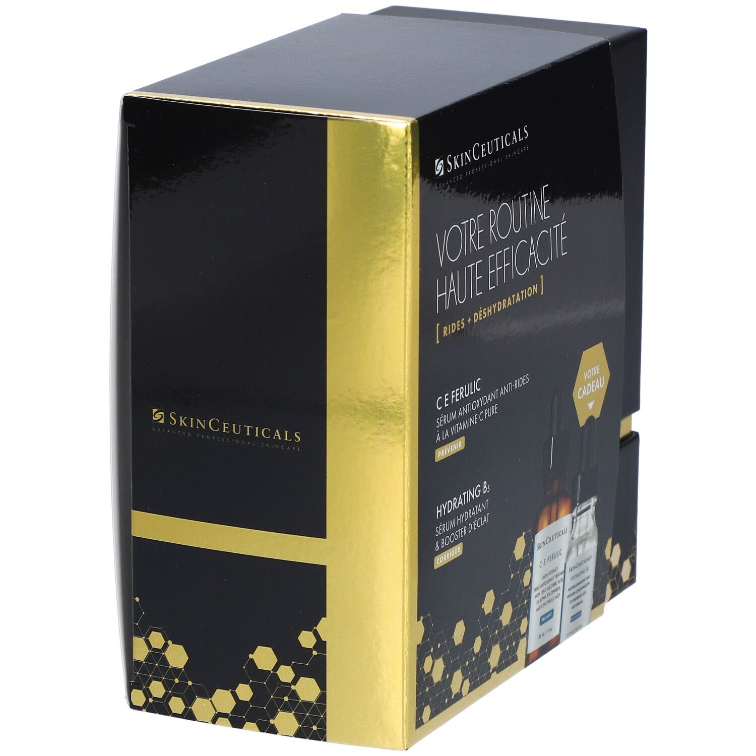 Coffret noir SkinCeuticals avec accents dorés. Texte: Votre Routine Haute Efficacité [Rides + Déshydratation].
