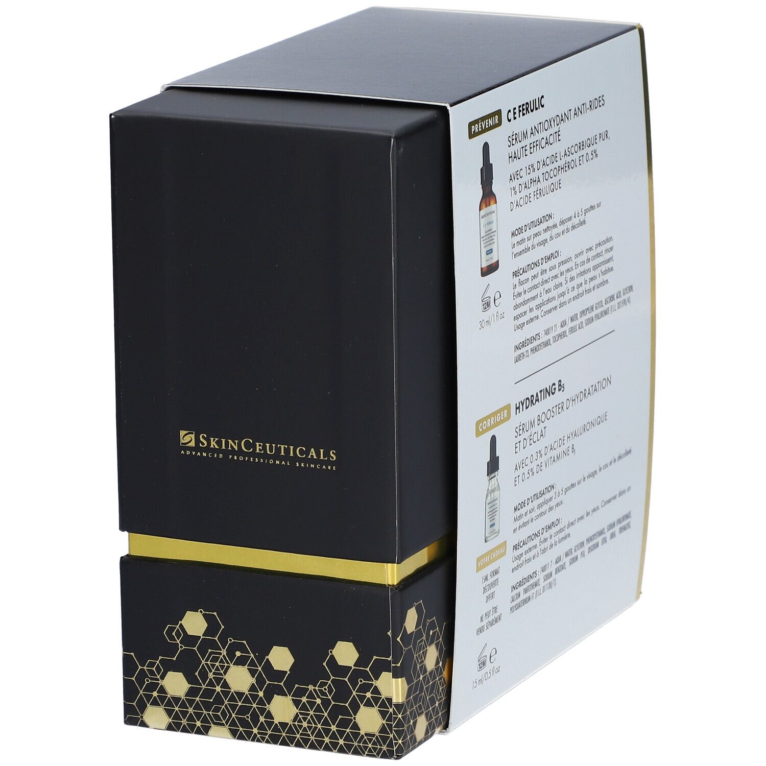 Coffret cadeau SkinCeuticals, emballage noir avec accents dorés. Informations produit sur le côté.