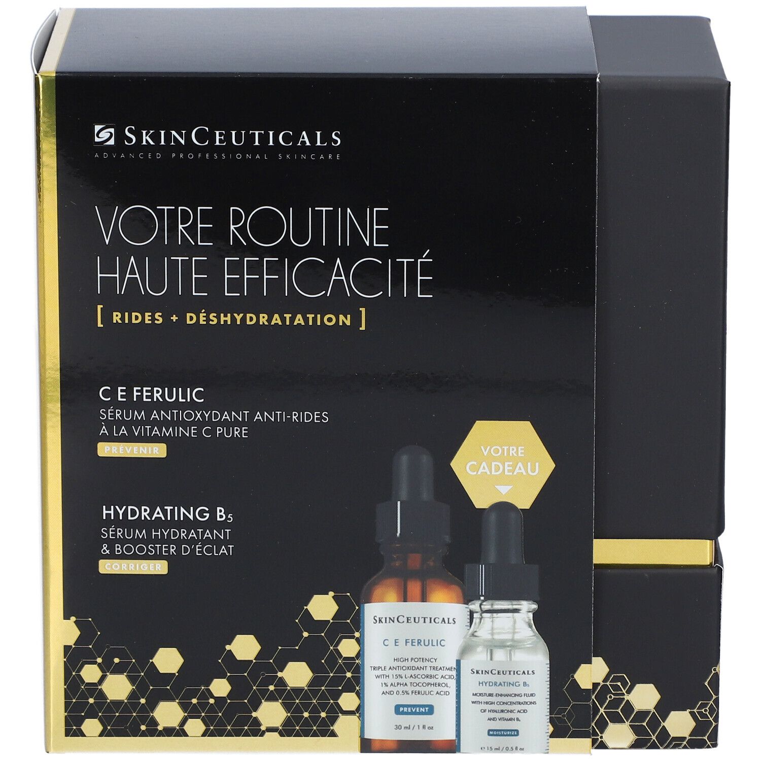 Coffret cadeau SkinCeuticals noir avec deux flacons. Texte: Votre Routine Haute Efficacité [Rides + Déshydratation].