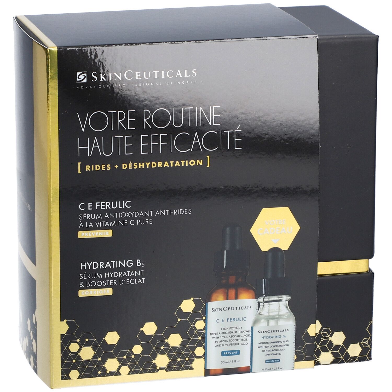 Coffret cadeau SkinCeuticals noir avec deux flacons. Texte: Votre Routine Haute Efficacité [Rides + Déshydratation].