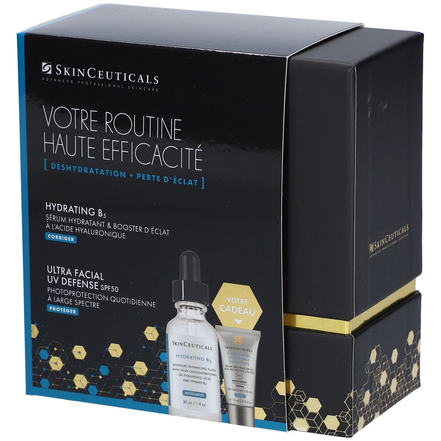 Coffret noir SkinCeuticals. Contient sérum et protection solaire. Texte: Votre Routine Haute Efficacité. Des produits pour la peau.