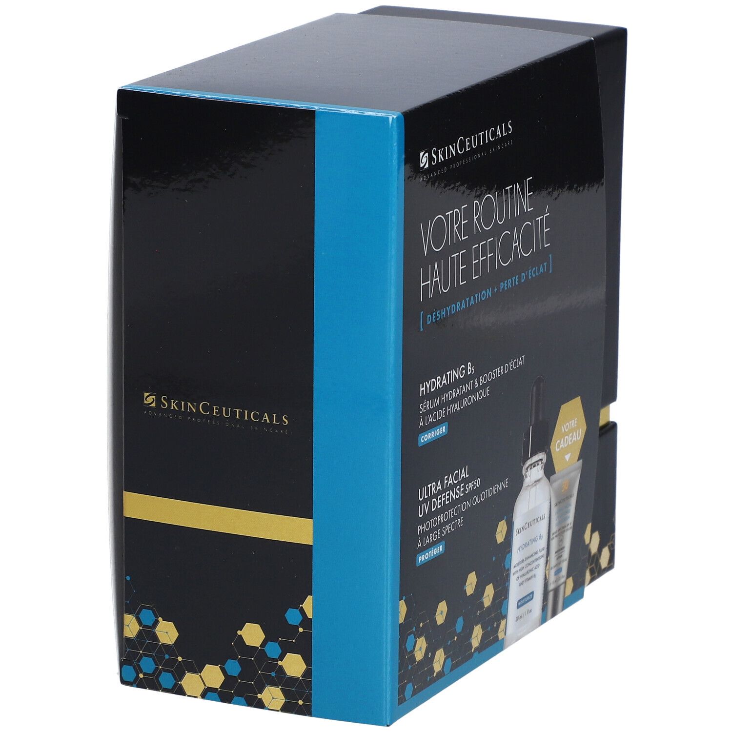 Coffret noir SkinCeuticals avec logo et texte: Votre Routine Haute Efficacité. Accents bleus et dorés.