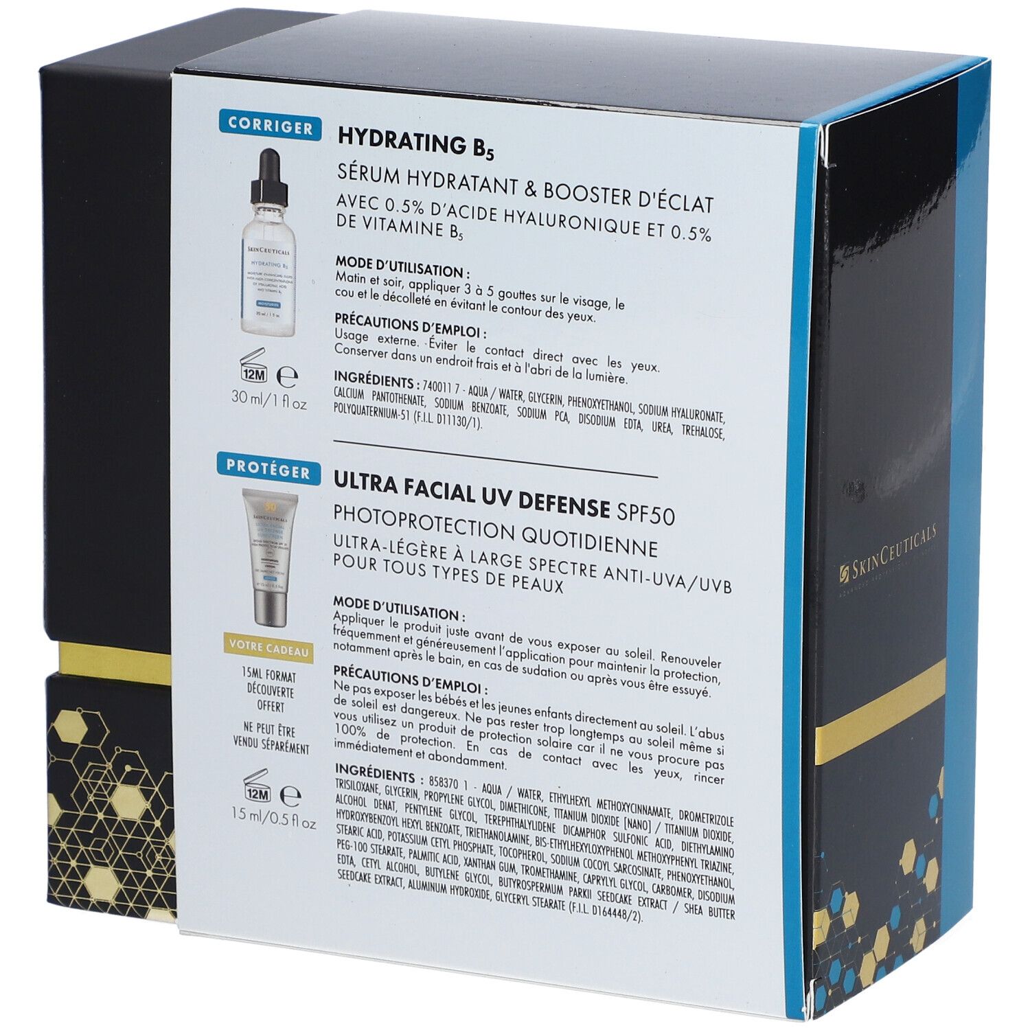 Dos du coffret cadeau SkinCeuticals. Contient informations produits et ingrédients. Textes en français.