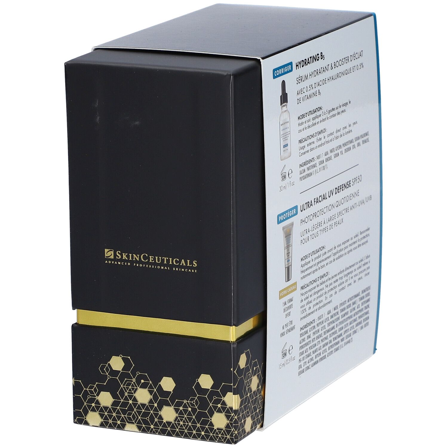 Coffret cadeau SkinCeuticals, emballage noir avec accents dorés. Contient des informations sur le produit.
