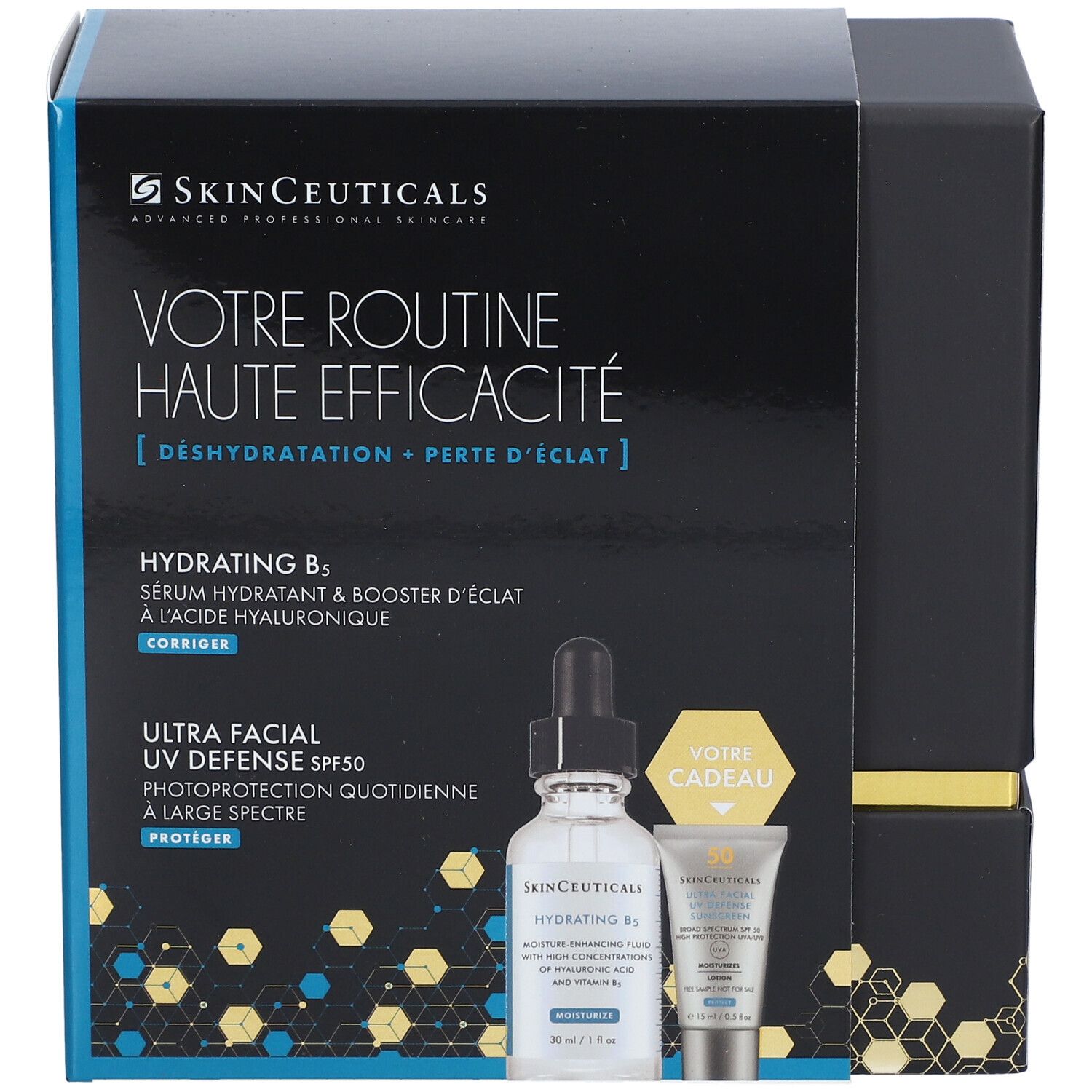 Coffret cadeau SkinCeuticals avec sérum et protection solaire. Texte: Votre Routine Haute Efficacité. Produits pour la peau.