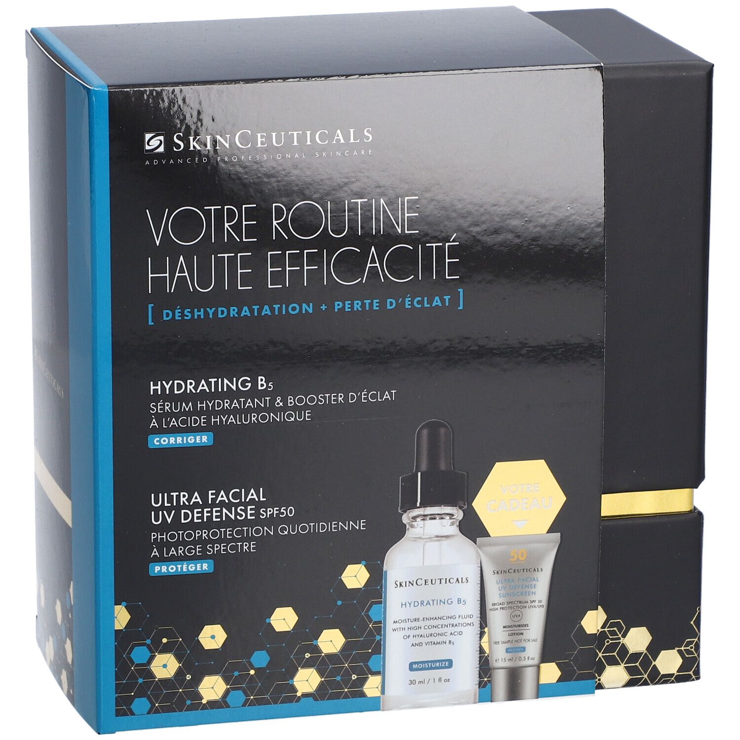 Coffret cadeau SkinCeuticals, emballage noir avec produits. Texte: Votre Routine Haute Efficacité. Soins de la peau.